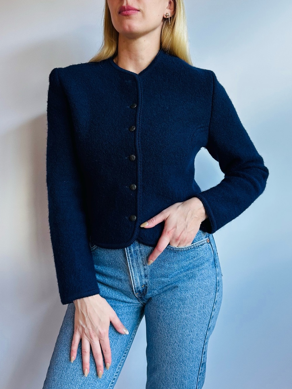 Vintage Post Horn 100% Pure Wool Navy Blue Boiled Wool Blazer Jacket Luxury Chic